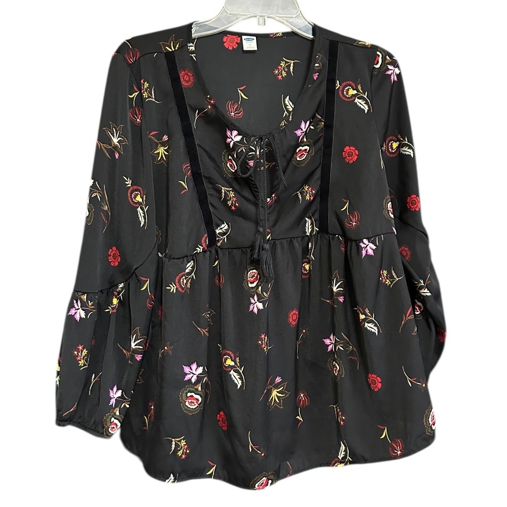 Old Navy Womens Black Floral Velvet Trim Tassel Tie Peasant Blouse M Whimsigoth